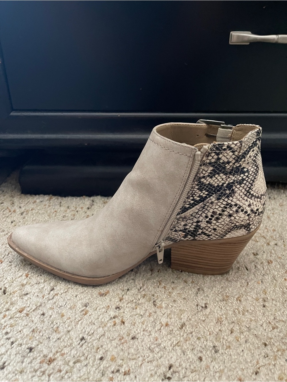 Seven Dials Two-Tone Snake-Print & Suede Block Heel Bootie - Gray/Tan